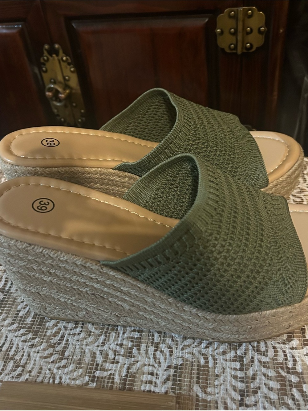 Women’s Olive Green Woven Espadrille Wedge Slides